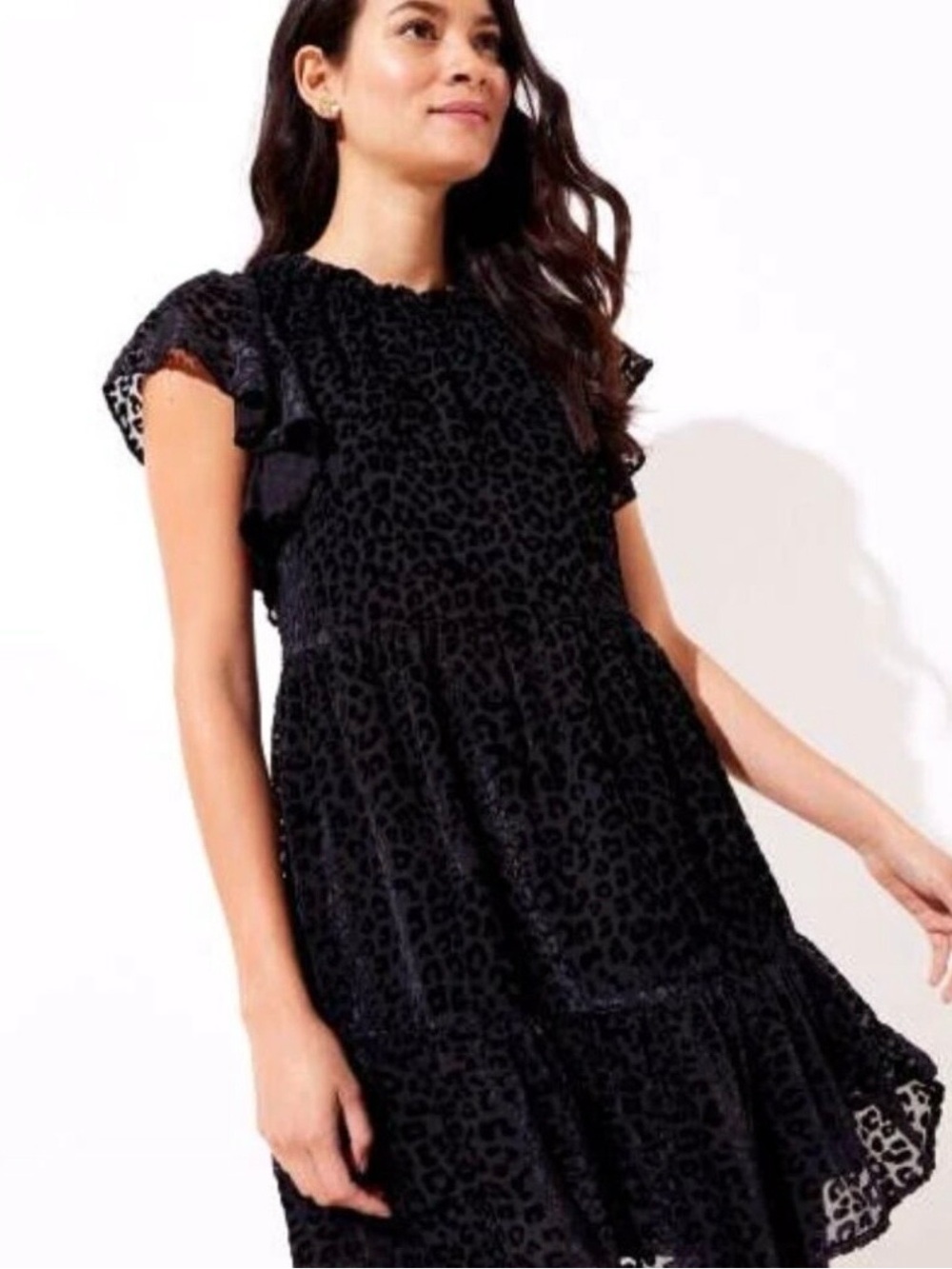 LOFT Black Leopard VelvetBurnout Tiered Babydoll Swing Dress